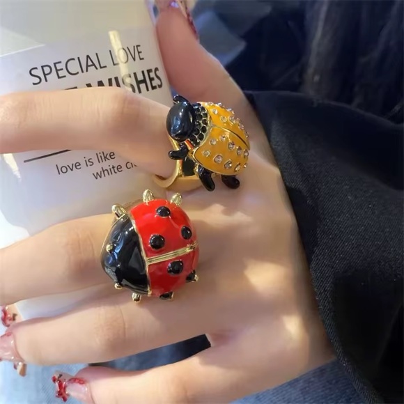 Lady bug Jewelry - Elegant Red and Black Ladybug Ring 14 K Gold Plate Oversized High end quality